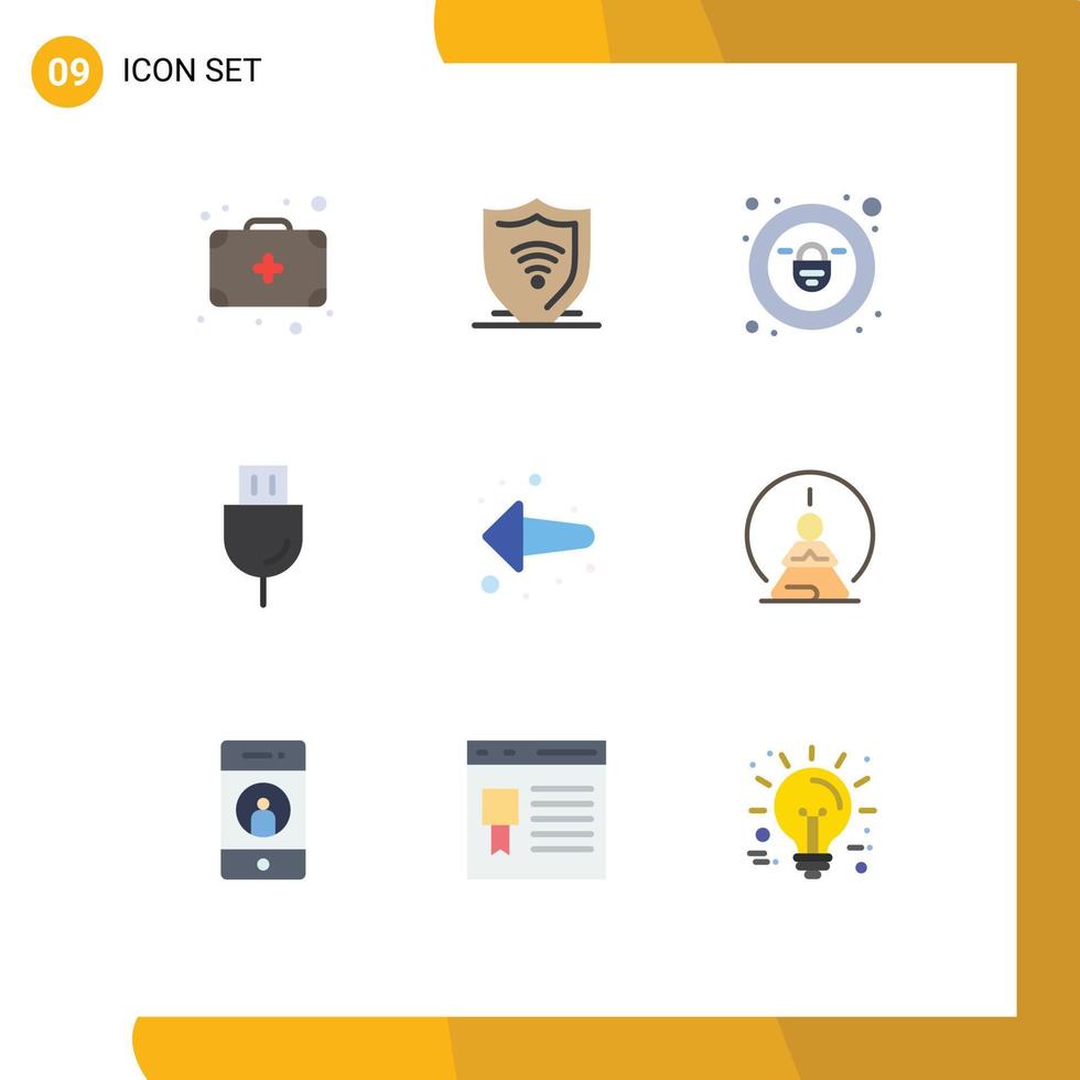 Gruppe von 9 modernen flachen Farben, die für linke Pfeil-Vorhängeschloss-Technologie-Plug-editierbare Vektordesign-Elemente eingestellt sind vektor