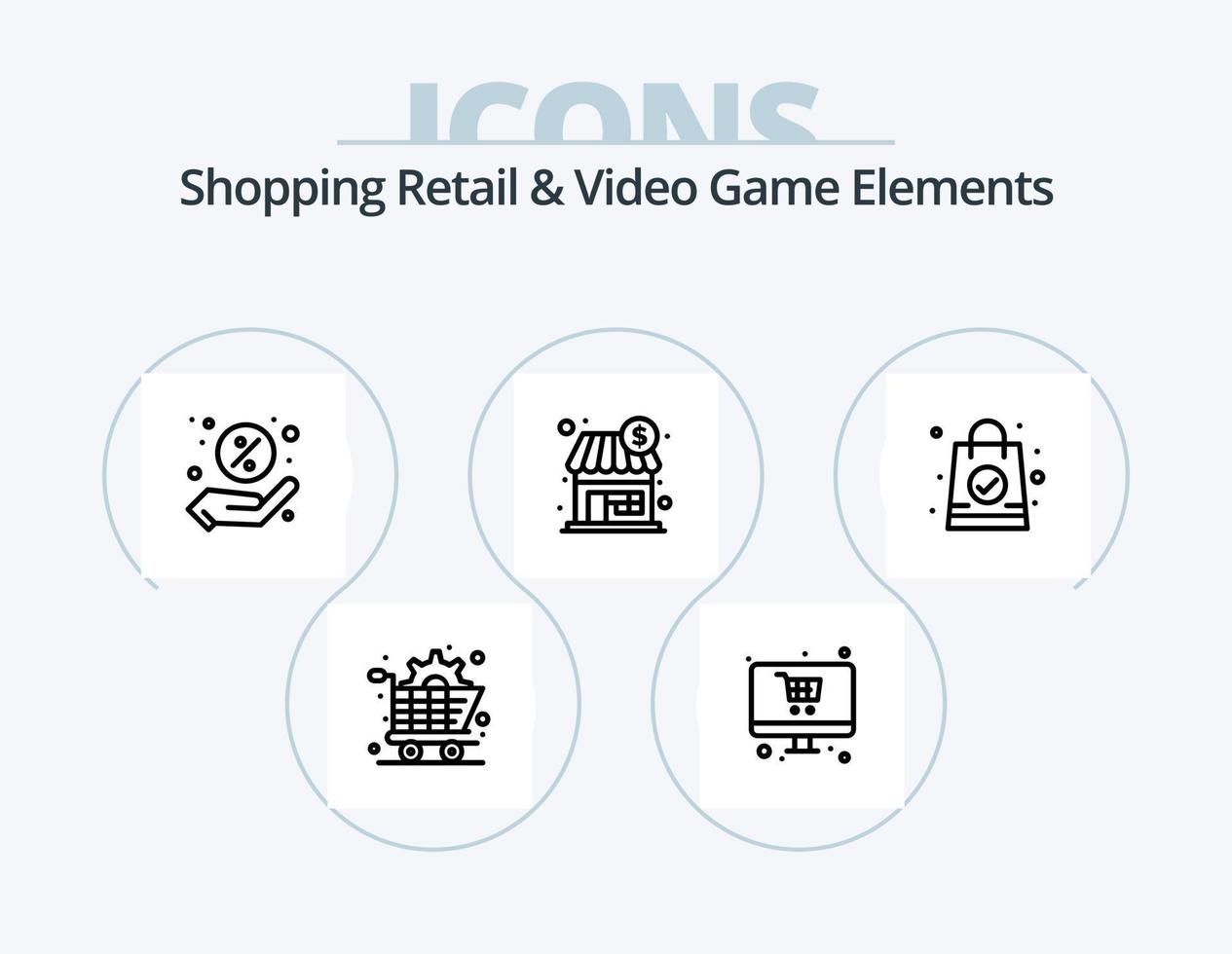 Shopping Einzelhandel und Videospielelemente Linie Icon Pack 5 Icon Design. Handy, Mobiltelefon. Spiel. Joystick. Wahrscheinlichkeit. Würfel vektor