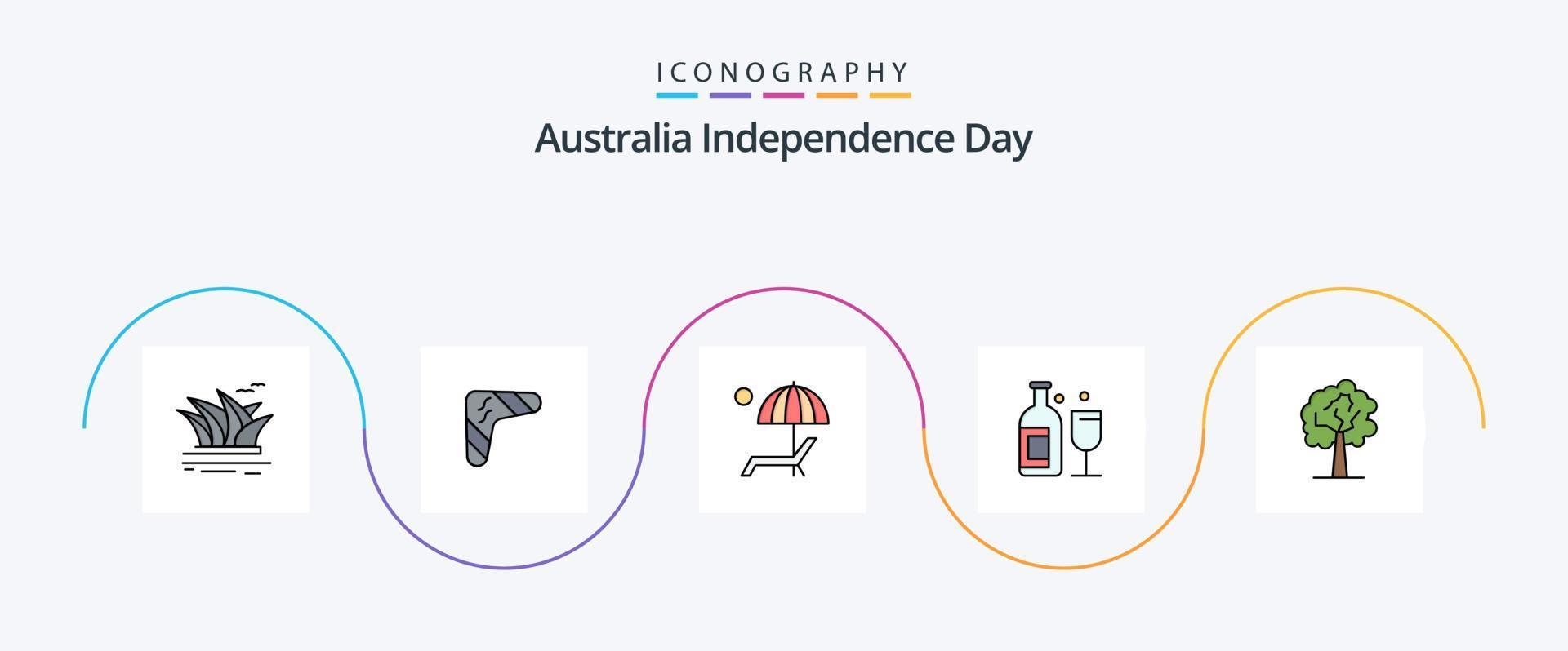 Australien oberoende dag linje fylld platt 5 ikon packa Inklusive bar. sommar. inhemsk. njut av. paraply vektor