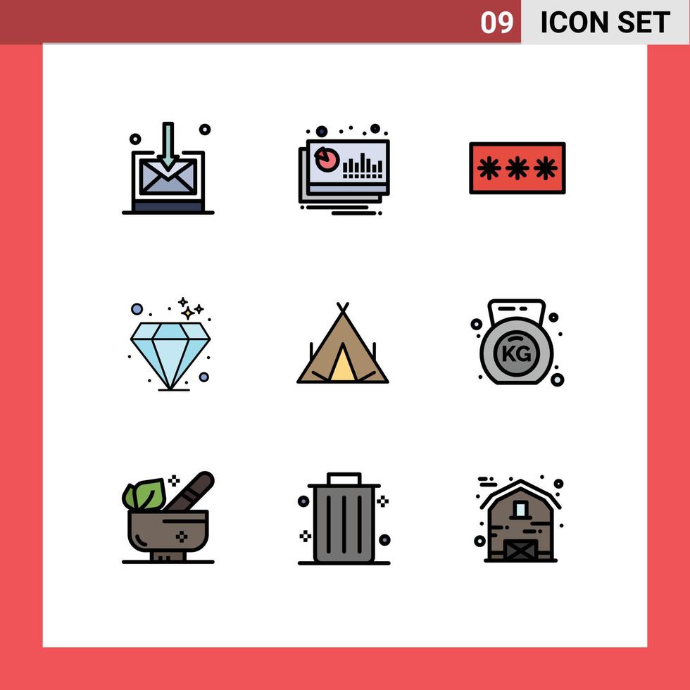 Piktogrammsatz von 9 einfachen gefüllten flachen Farben von Zeltinvestitionscode Edelsteinstift editierbare Vektordesign-Elemente vektor