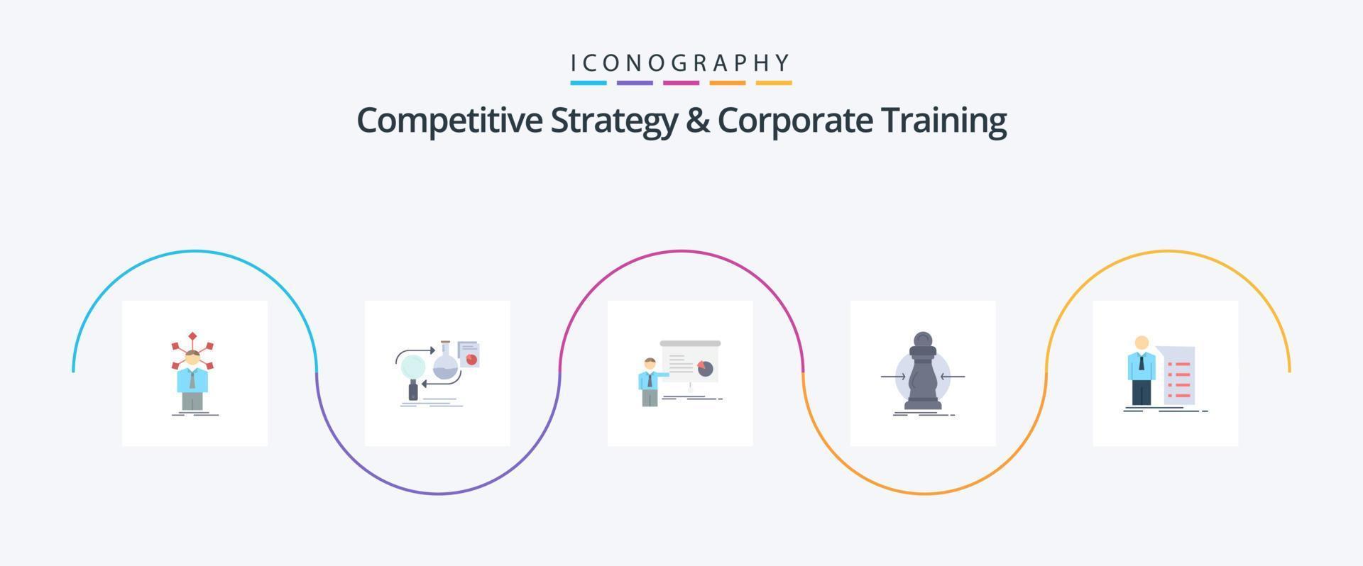 konkurrenskraftig strategi och företags- Träning platt 5 ikon packa Inklusive bekostnad. konsumtion. utveckling. seminarium. presentation vektor