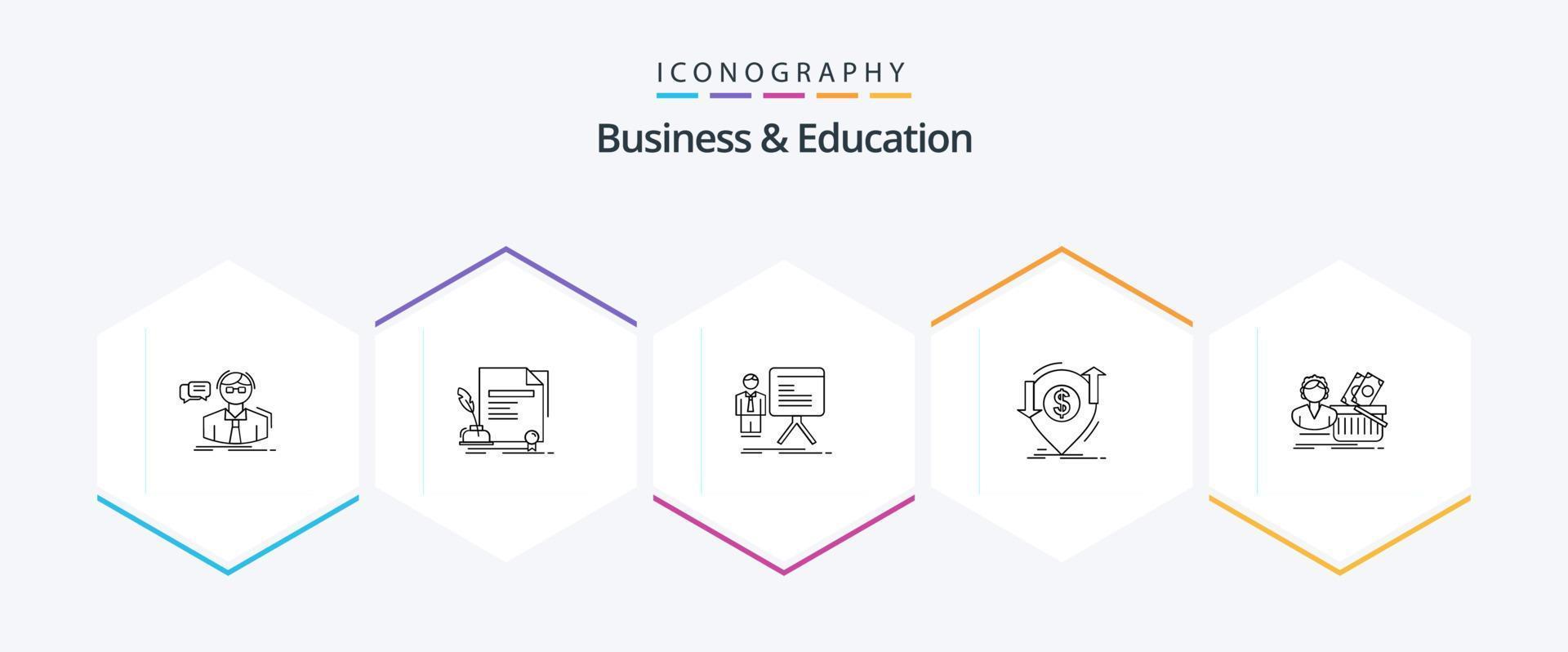 Business und Bildung 25-Zeilen-Icon-Pack inklusive Geld. Transaktion. Vereinbarung. Fortschritt. Diagramm vektor