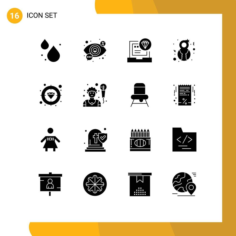Gruppe von 16 soliden Glyphen Zeichen und Symbolen für Diamant-Genre-App-Frauen entwickeln bearbeitbare Vektordesign-Elemente vektor