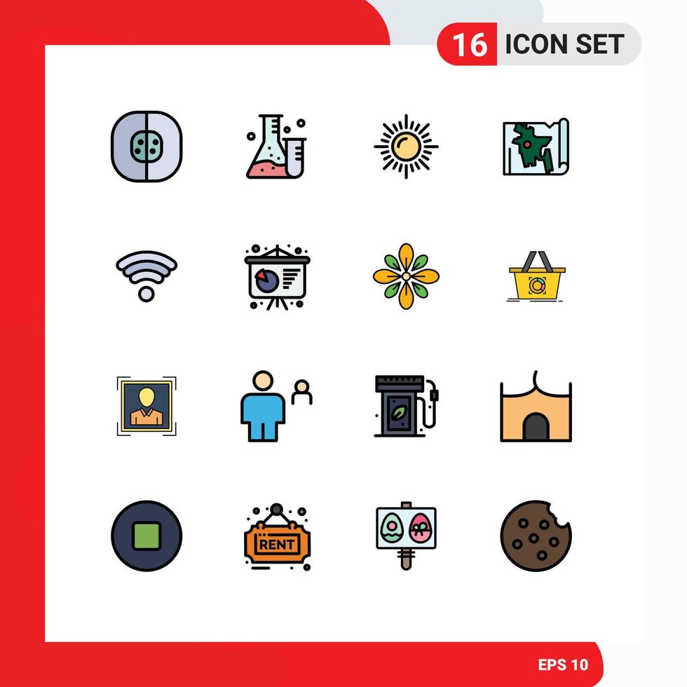 Flache, farbgefüllte Linienpackung mit 16 universellen Symbolen der Wifi-Bangla-Wissenschaftswelt Bangladesch editierbare kreative Vektordesign-Elemente vektor