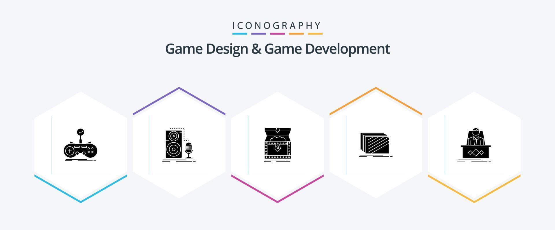Spieldesign und Spielentwicklung 25 Glyphen-Icon-Pack inklusive Layout. Design. Aufzeichnung. Schatz. Gold vektor