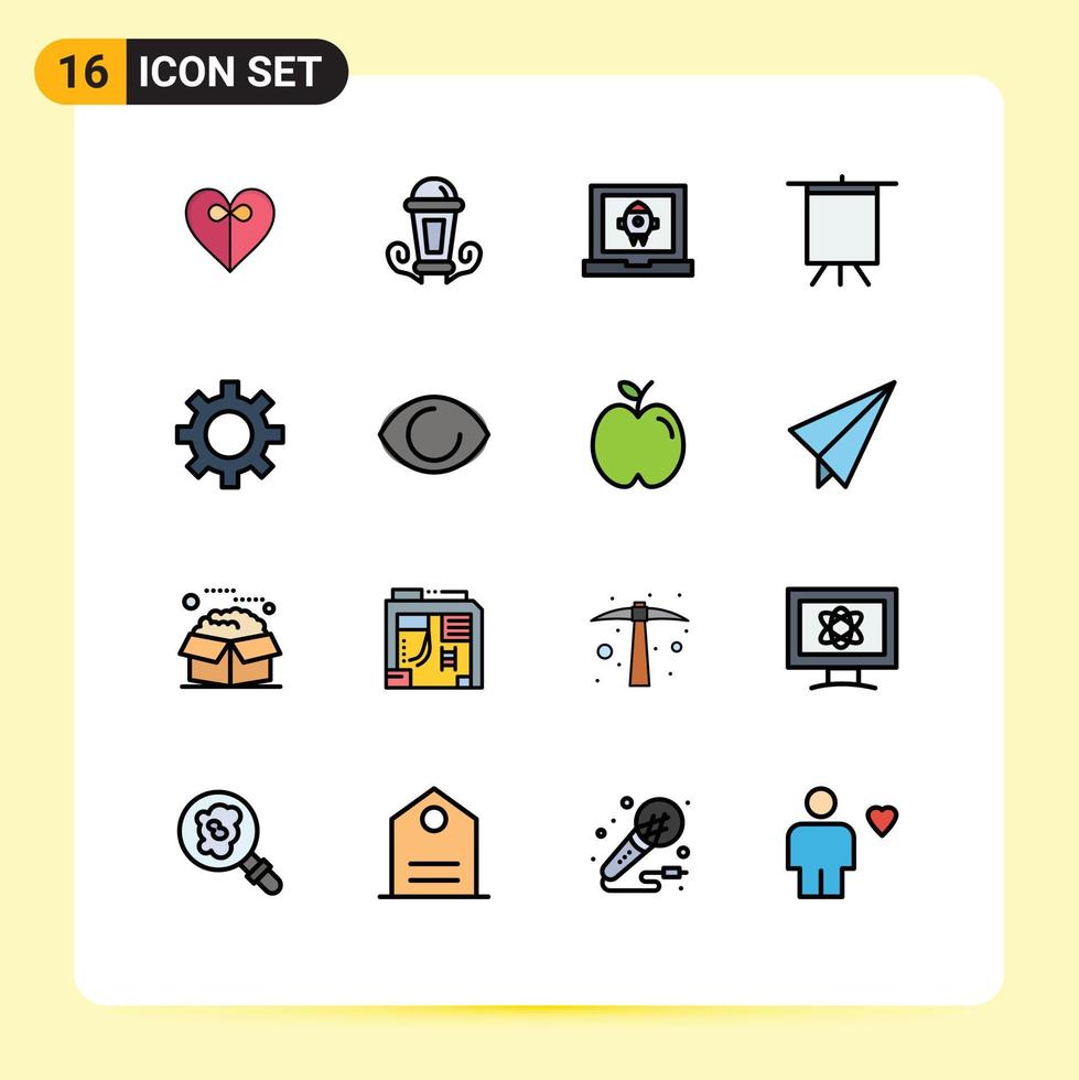 Gruppe von 16 flachen, farbgefüllten Linien Zeichen und Symbole für bearbeitbare kreative Vektordesign-Elemente für Augenausrüstung Laptop Cog Board vektor