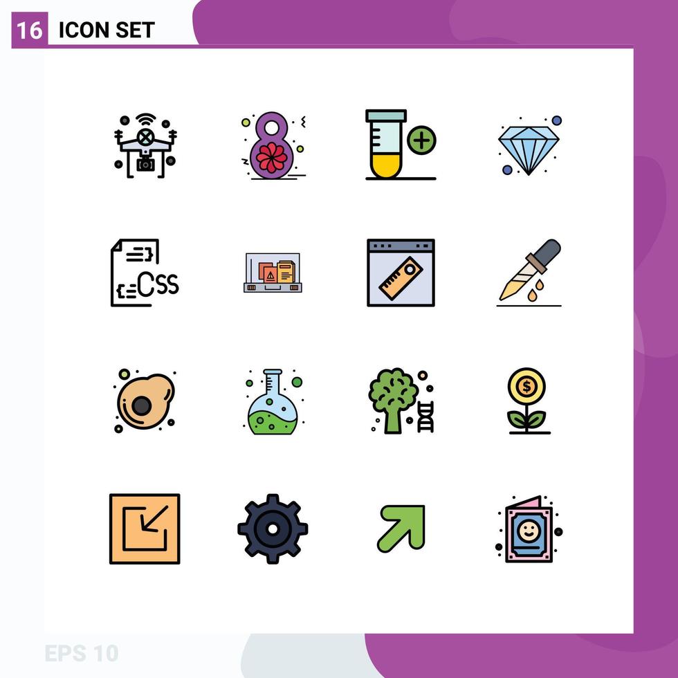Gruppe von 16 flachen, farbgefüllten Linien Zeichen und Symbole für die Entwicklung der Codierung feiern den Wert Diamant editierbare kreative Vektordesign-Elemente vektor