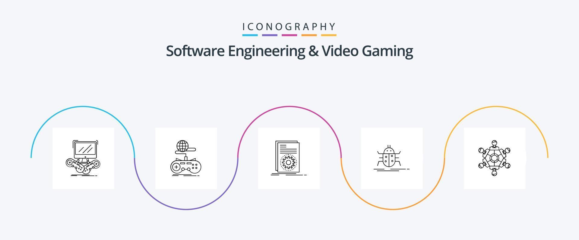 programvara teknik och video gaming linje 5 ikon packa Inklusive spel. samarbete. löpning. virus. insekt vektor