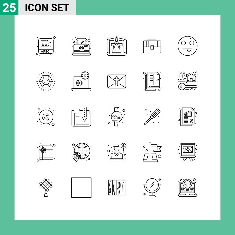 Stock Vector Icon Pack mit 25 Zeilenzeichen und Symbolen für glückliche Emojis Blaupause Handtasche Koffer editierbare Vektordesign-Elemente