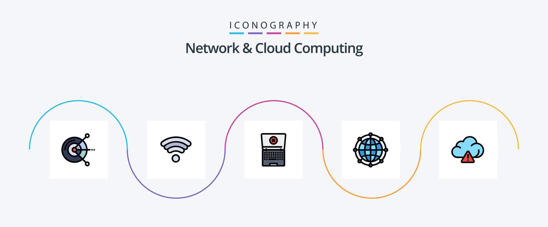 Netzwerk- und Cloud-Computing-Linie gefülltes flaches 5-Icon-Paket einschließlich Technologie. Wolke. Rechnen. Technologie. Internet vektor