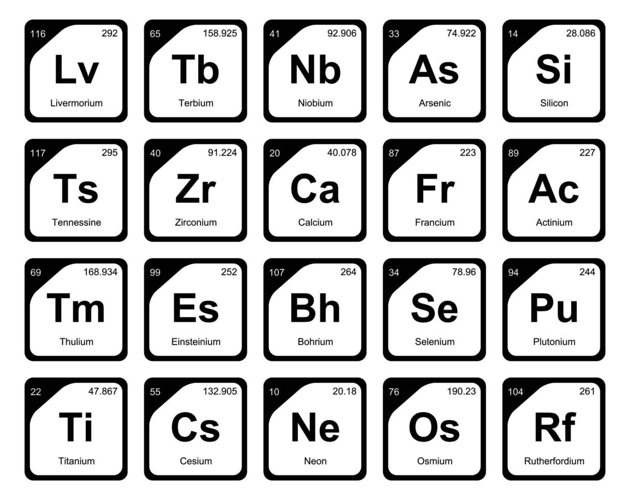 20 prejodisk tabell av de element ikon packa design vektor