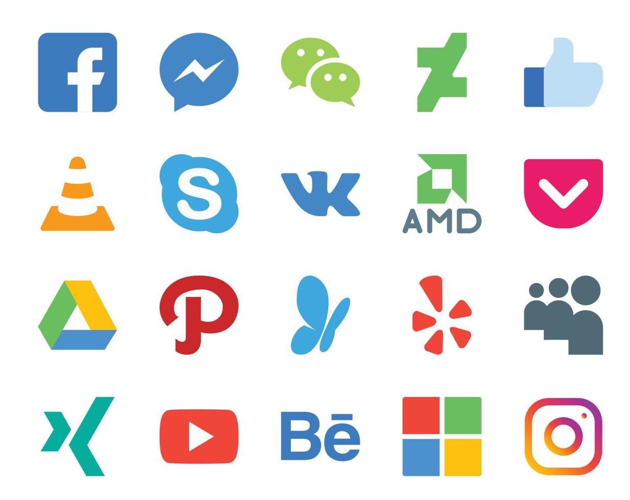 20 Social Media Icon Pack inklusive Yelp Path Player Google Drive AMD vektor