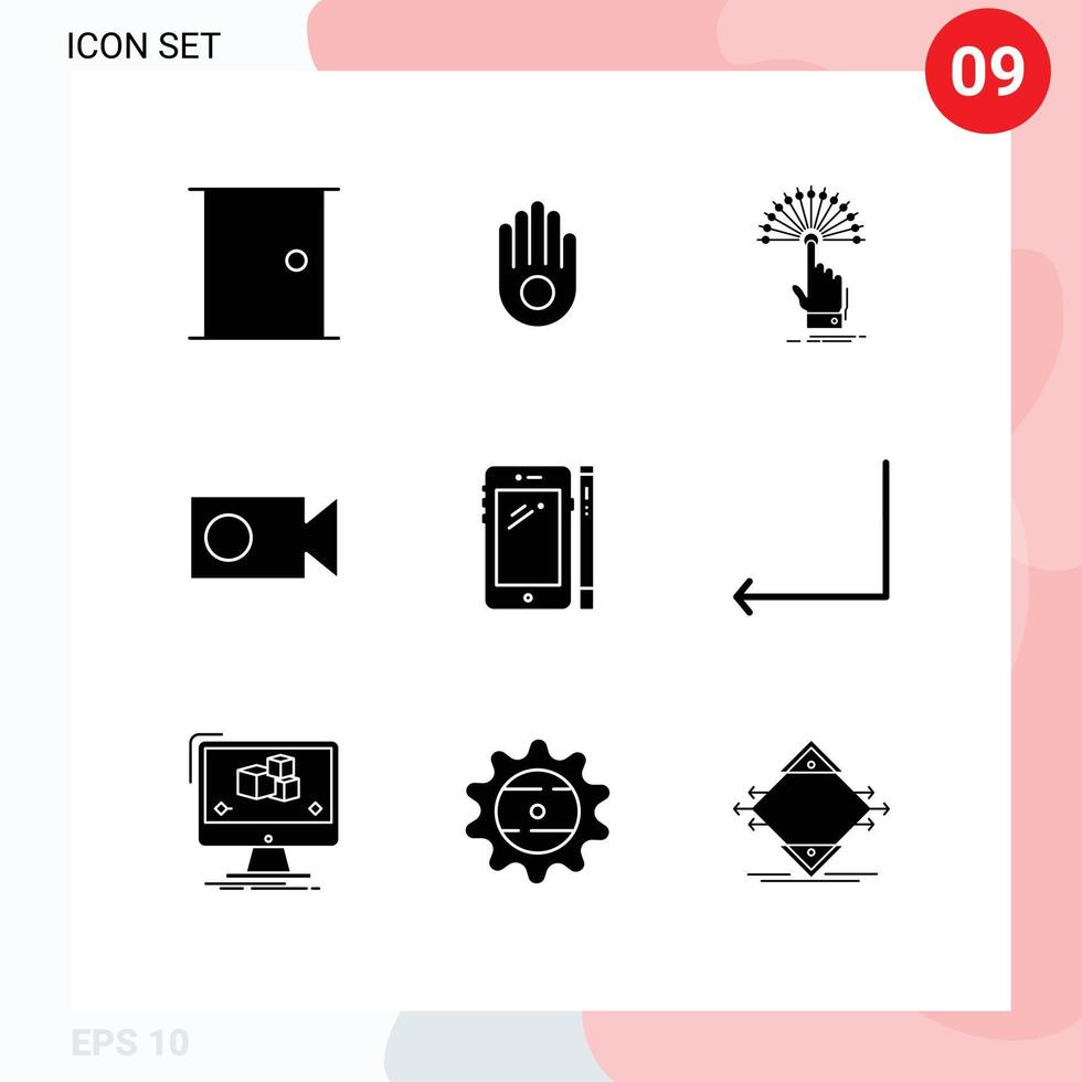 Satz von 9 Vektor-Solid-Glyphen auf Raster für Smartphone-Video-Reichweitenaufzeichnung analytische editierbare Vektordesign-Elemente vektor