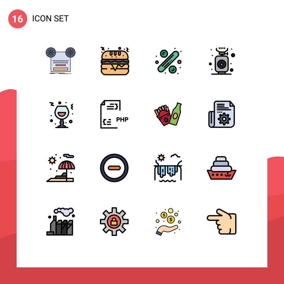 Gruppe von 16 flachen, farbgefüllten Linien Zeichen und Symbole für Glasherd Prozent Gas Camping editierbare kreative Vektordesign-Elemente vektor