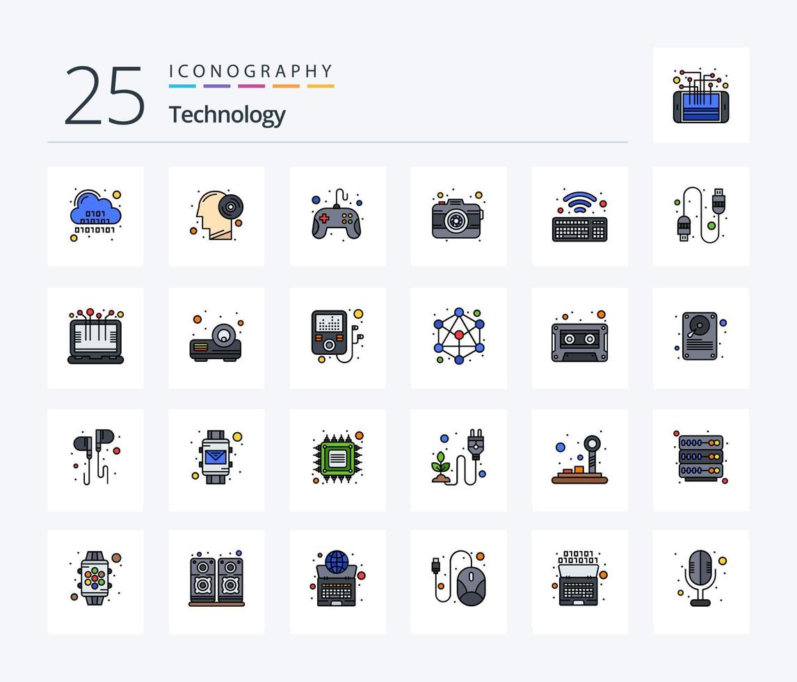 Technologie 25 Zeilen gefülltes Icon Pack inklusive Tastatur. Fotografie. Produktivität. Foto. Pad vektor
