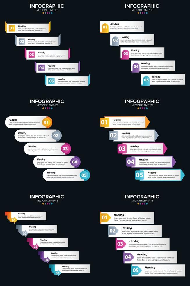 Vektor 6 Infografiken Pack Präsentationsfolie Vorlage 5 Schritte Zyklusdiagramme und Zeitleisten