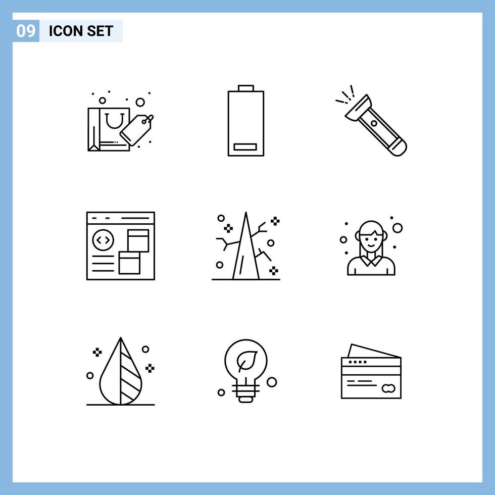 Stock Vector Icon Pack mit 9 Zeilenzeichen und Symbolen für die Entwicklung von Browser-Low-App-Camping-editierbaren Vektordesign-Elementen