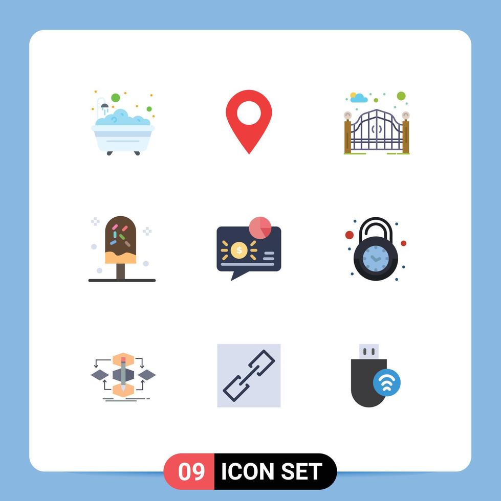 Packung mit 9 modernen flachen Farbzeichen und Symbolen für Web-Printmedien wie süßes Eisstift-Dessert Straßentor editierbare Vektordesign-Elemente vektor