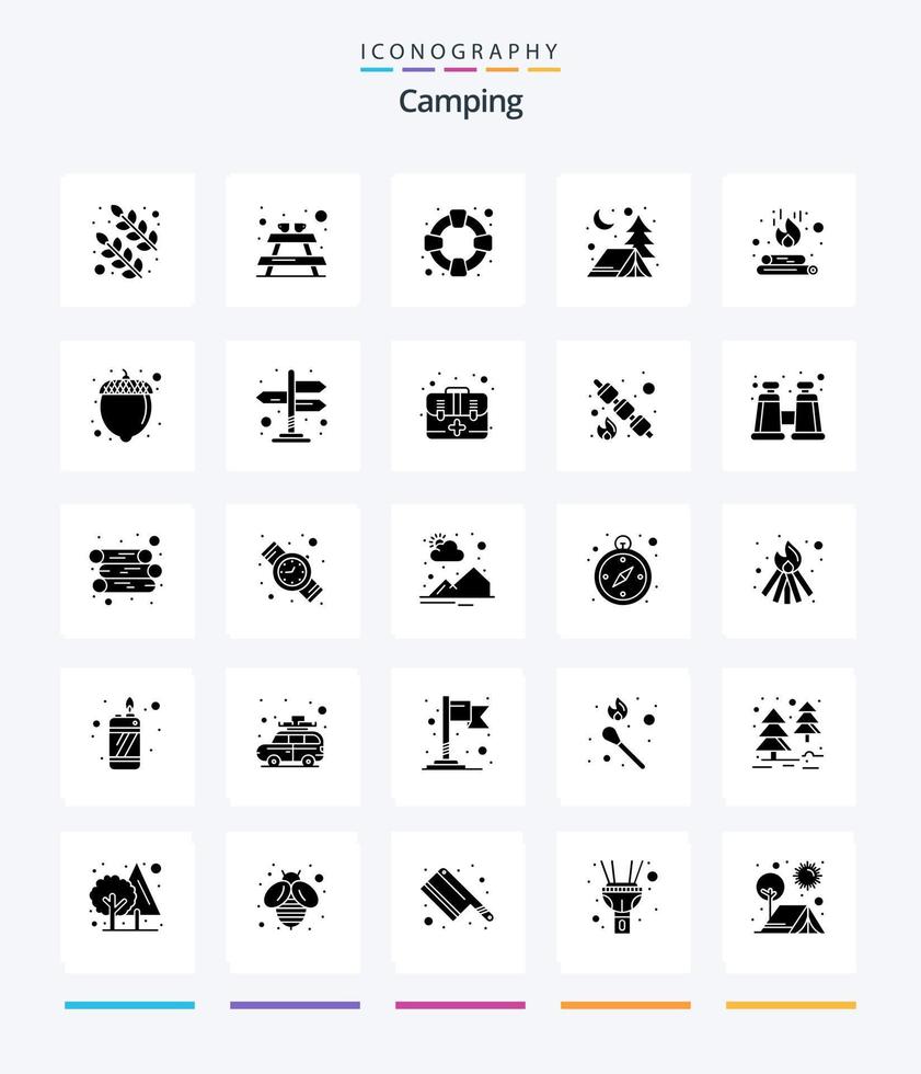 kreativ camping 25 glyf fast svart ikon packa sådan som hasselnöt. flamma. Stöd. brand. lägereld vektor
