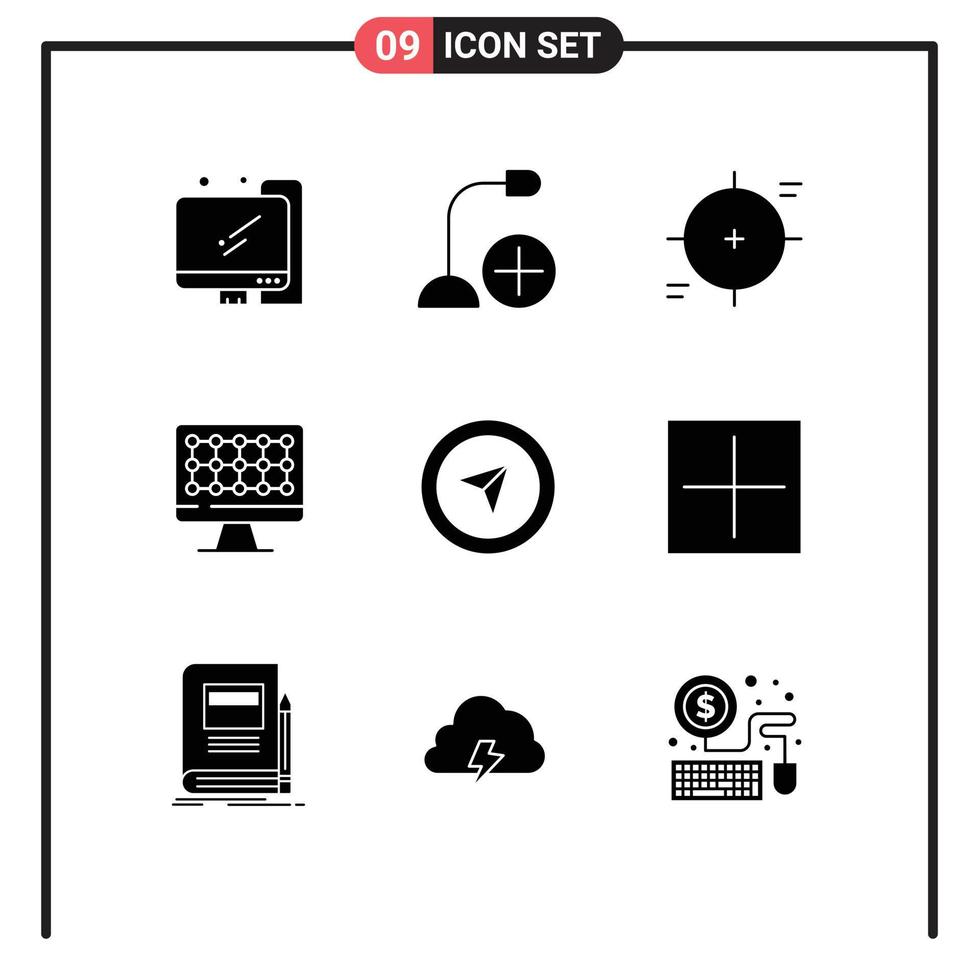 Stock Vector Icon Pack mit 9 Zeilenzeichen und Symbolen für Maus-Hardware-Fadenkreuz-Technologie-Ziel editierbare Vektordesign-Elemente