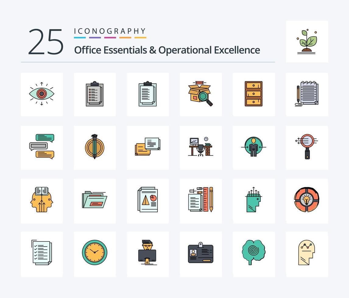 Office Essentials und operative Exzellenz 25 Zeilen gefülltes Icon Pack inklusive Notizblock. Wandschrank. Präsentation. Kabinett. e einkaufen vektor