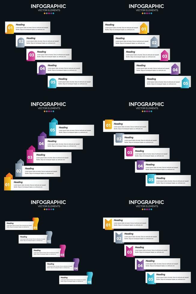 Vektor 6 Infografiken Pack Präsentationsfolie Vorlage 5 Schritte Zyklusdiagramme und Zeitleisten