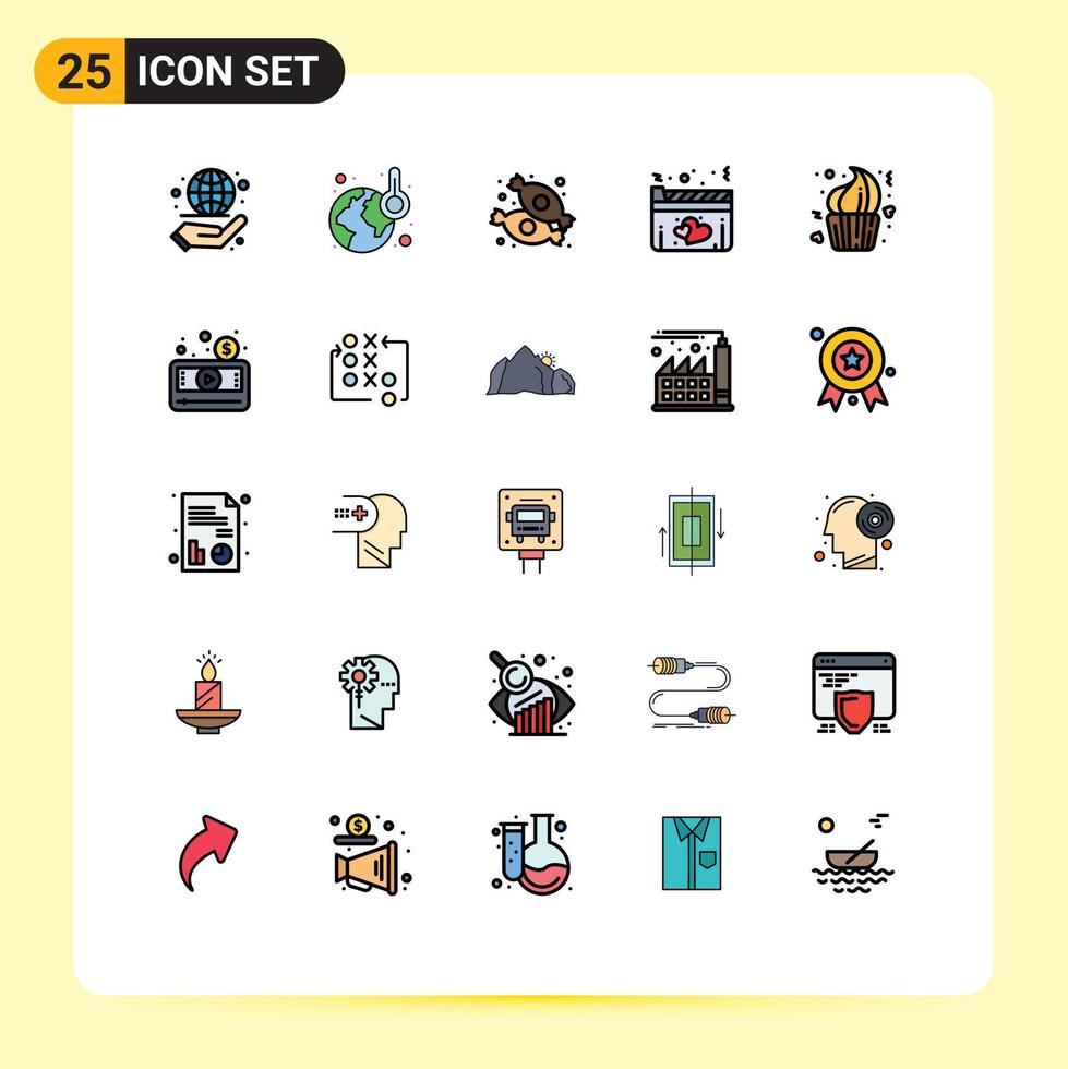 uppsättning av 25 kommersiell fylld linje platt färger packa för kaka film godis kärlek filma redigerbar vektor design element
