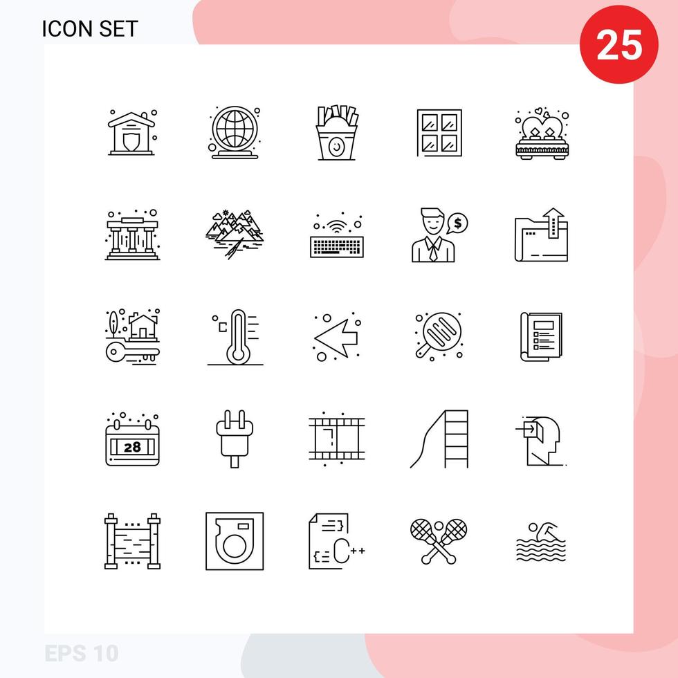 uppsättning av 25 modern ui ikoner symboler tecken för kärlek säng frysa byggnad fönster redigerbar vektor design element