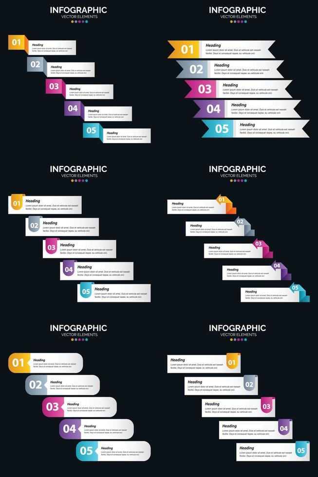 Vektor 6 Infografiken Pack Präsentationsfolie Vorlage 5 Schritte Zyklusdiagramme und Zeitleisten