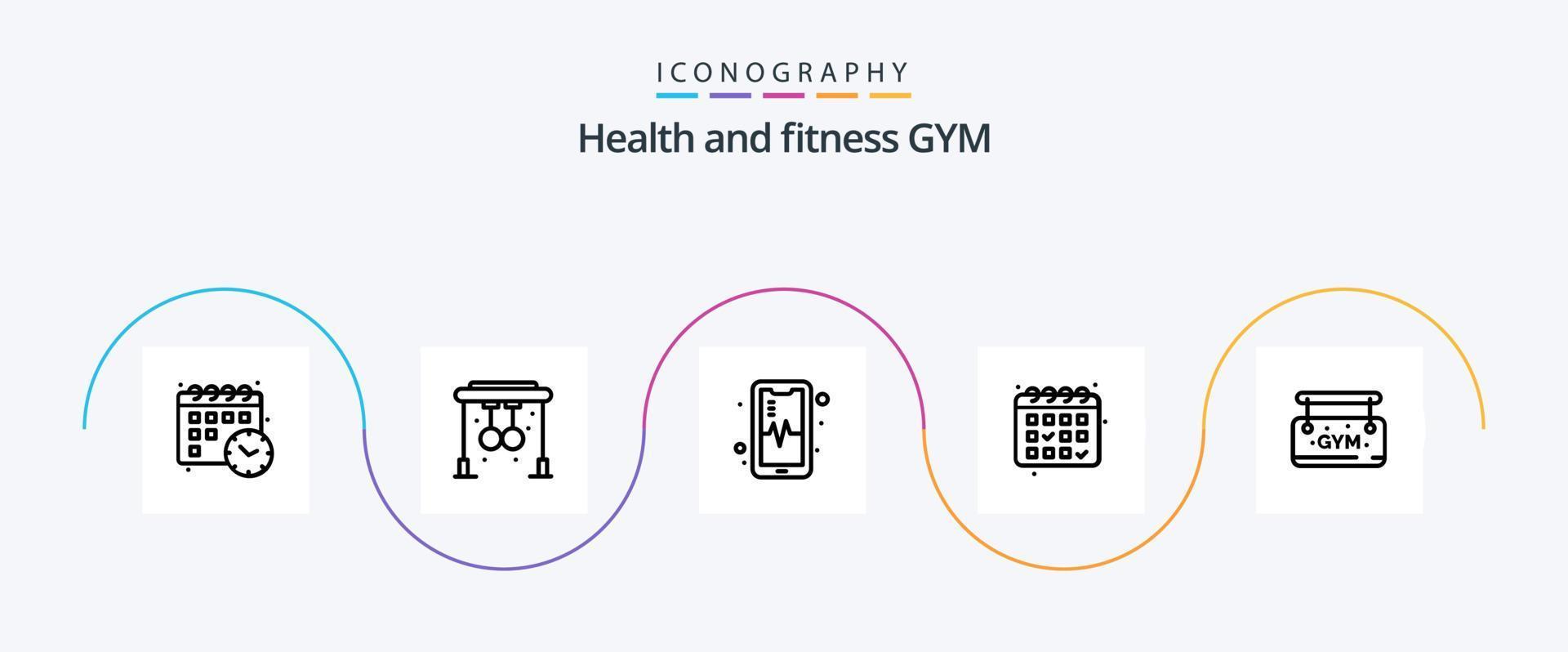 Gym Line 5 Icon Pack inklusive . Zeichen. mobil. Planke. Datum vektor