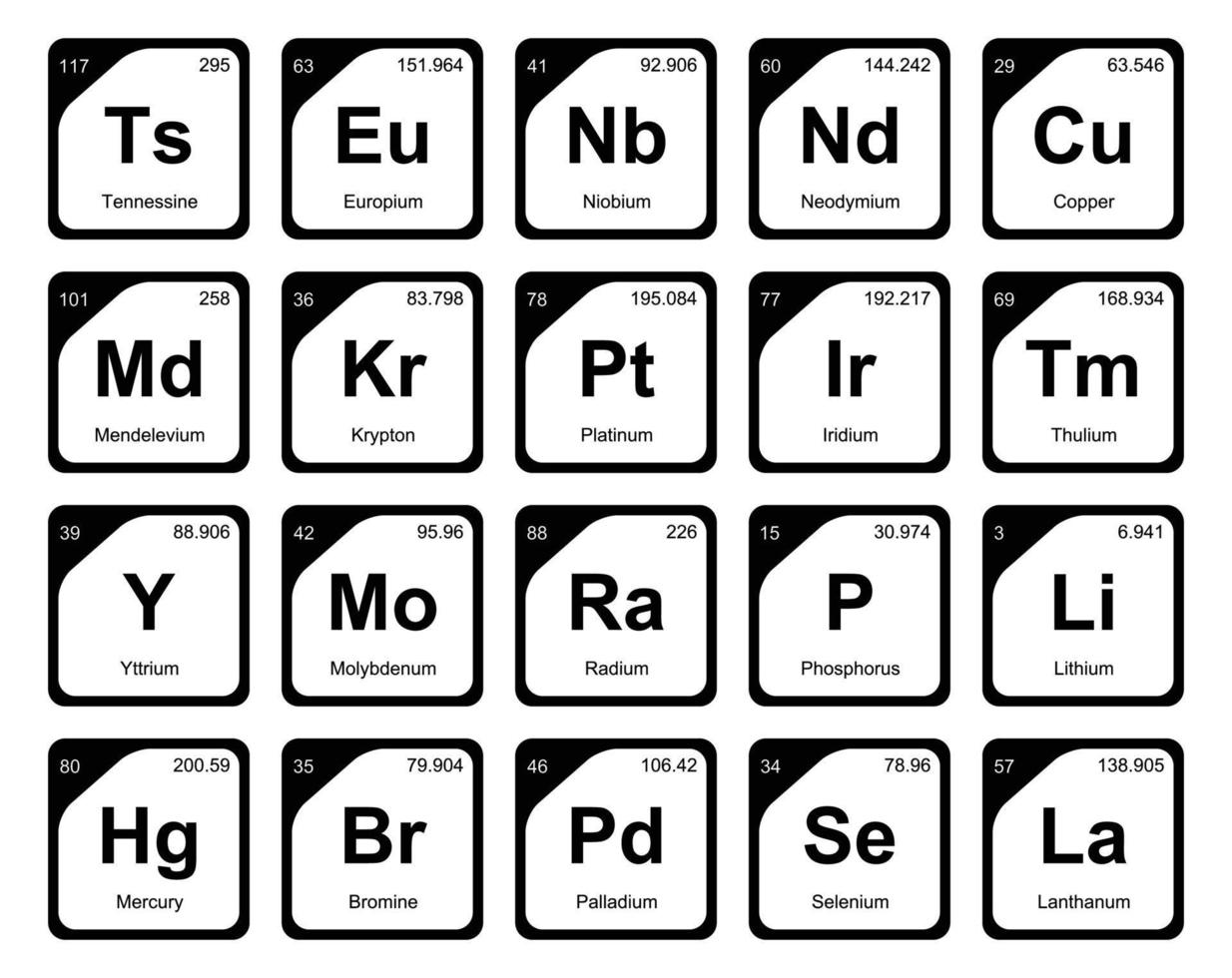 20 Präiodentabelle des Symbolpaketdesigns der Elemente vektor