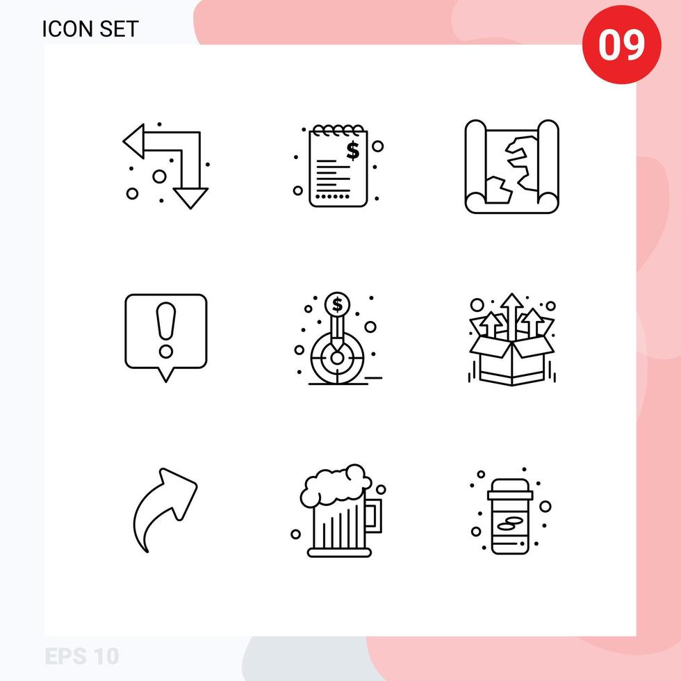 Benutzeroberflächenpaket mit 9 grundlegenden Umrissen des Fondsfinanzierungsstandorts Ausrufezeichen-Chat-Fehler editierbare Vektordesign-Elemente vektor