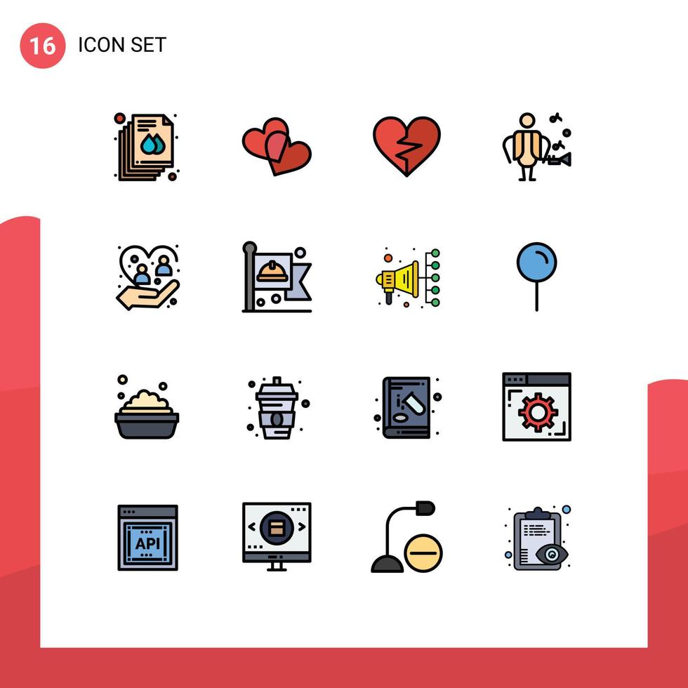 grupp av 16 modern platt Färg fylld rader uppsättning för mänsklig vård kärlek sångare konstnär redigerbar kreativ vektor design element