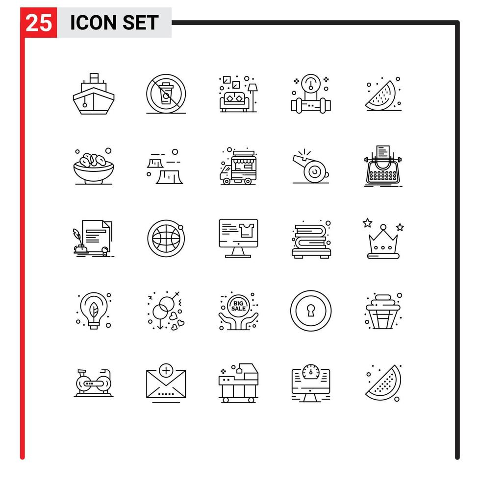 25 universell linje tecken symboler av mat verktyg Nej knubbig soffa redigerbar vektor design element