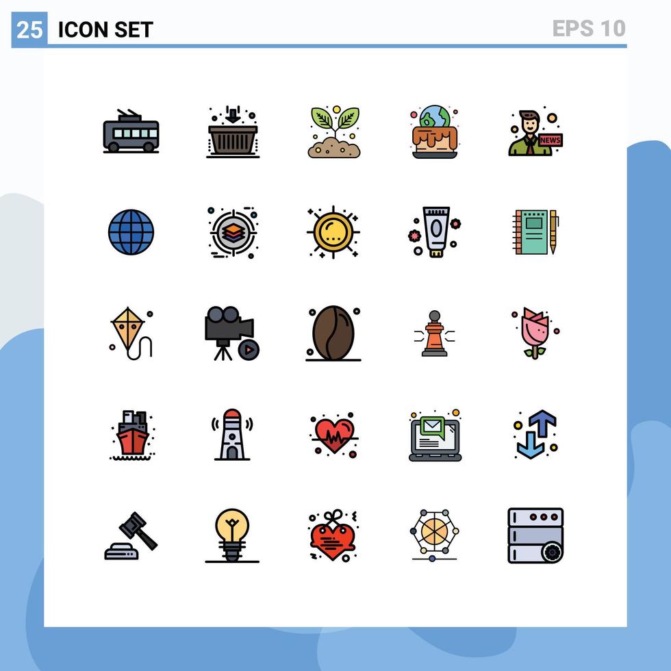 25 universelle, gefüllte Linien-Flachfarben für Web- und mobile Anwendungen, Nachrichten, Kommunikation, Gartenarbeit, Ankerfeier, editierbare Vektordesign-Elemente vektor
