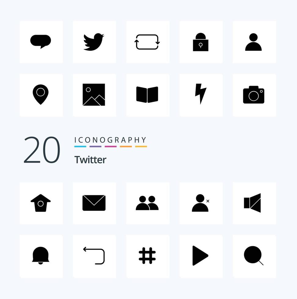 20 Twitter Solid Glyph Icon Pack wie Twitter aus Kontaktglocke Twitter vektor