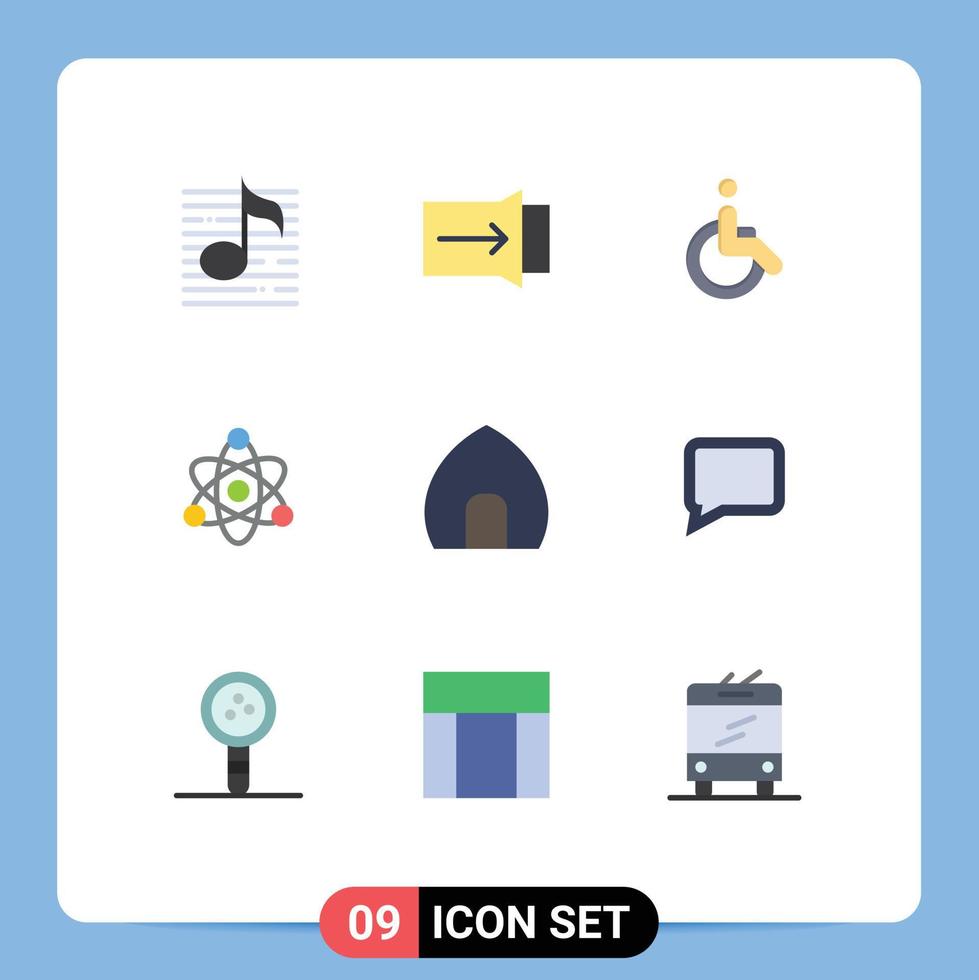 uppsättning av 9 vektor platt färger på rutnät för casa antik byggnad rullstol utbildning atom redigerbar vektor design element