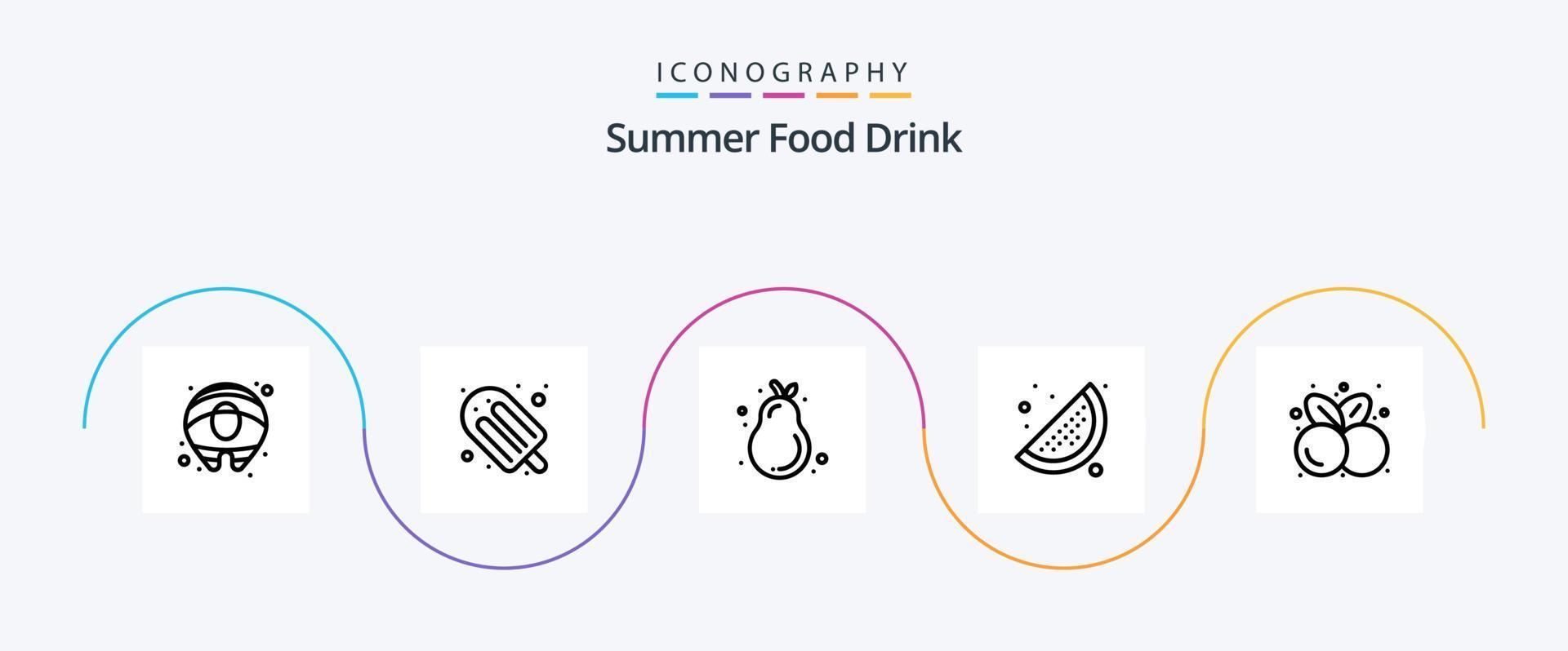 Summer Food Drink Line 5 Icon Pack inklusive gesunder Ernährung. Lebensmittel. Avocado. Kirschen. Zitrone vektor