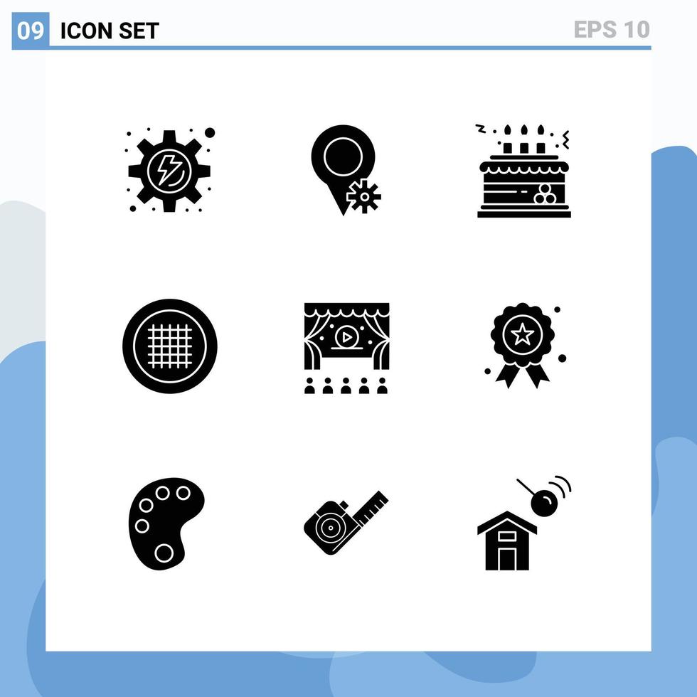 moderner Satz von 9 soliden Glyphen-Piktogrammen der Werbekinofeier rationalisieren das Layout editierbare Vektordesign-Elemente vektor