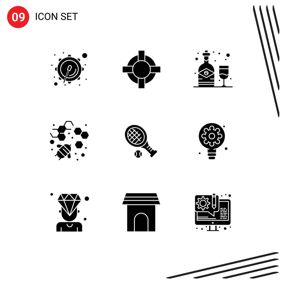 stock vektor ikon packa av 9 linje tecken och symboler för kreativ tennis vin racket lantbruk redigerbar vektor design element
