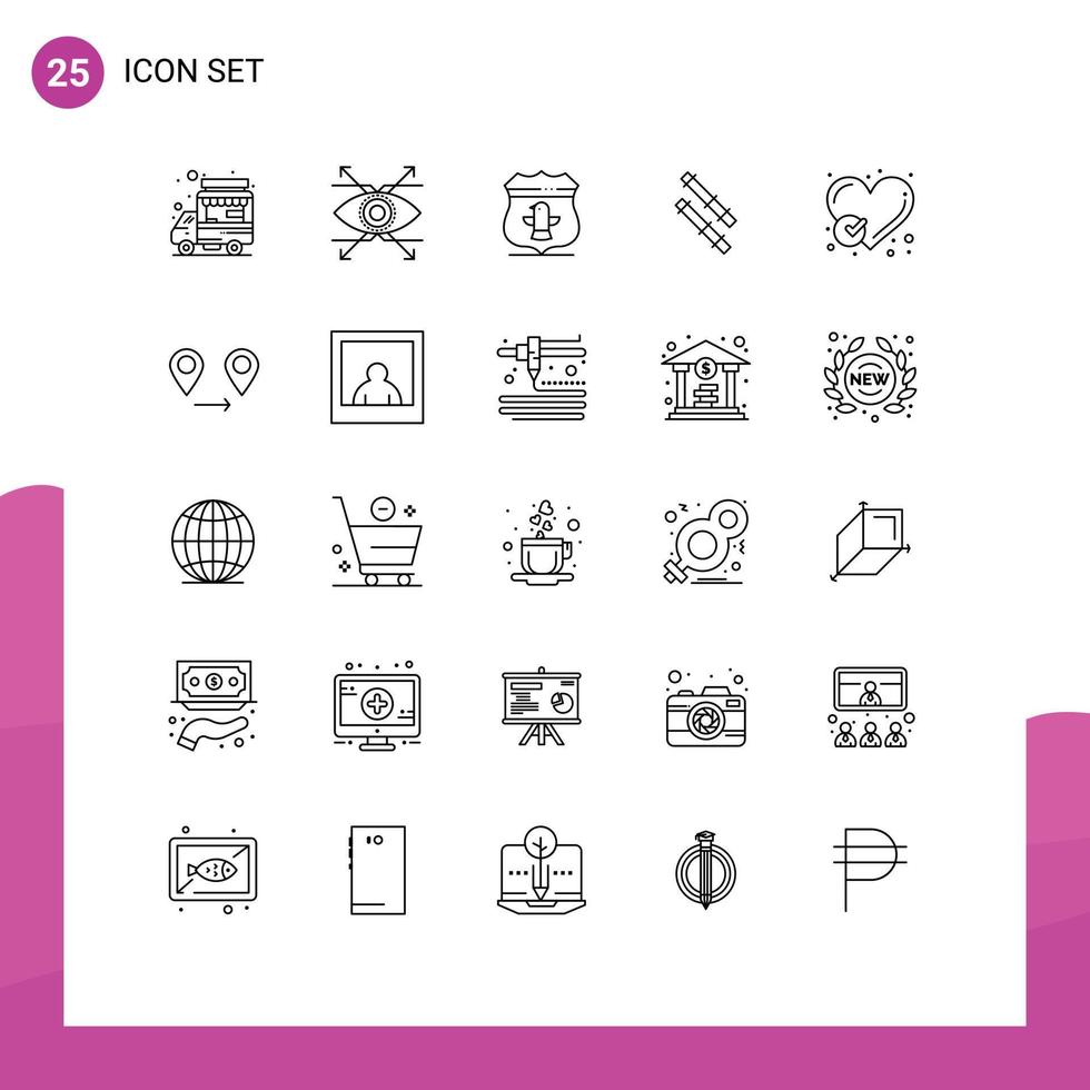 Stock Vector Icon Pack mit 25 Zeilenzeichen und Symbolen für herzgeprüfte Schildberichte Bambus editierbare Vektordesign-Elemente