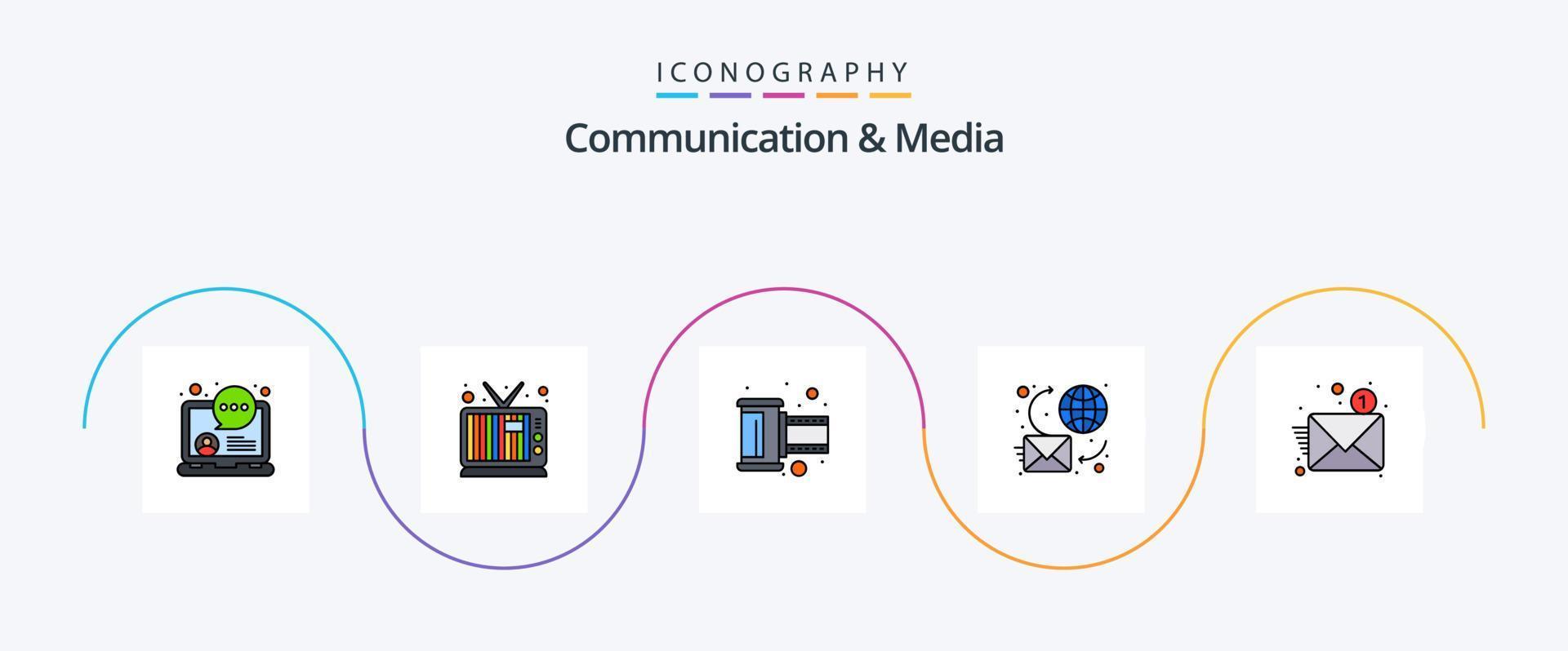 kommunikation och media linje fylld platt 5 ikon packa Inklusive ny. värld. Foto. meddelande. chatt vektor