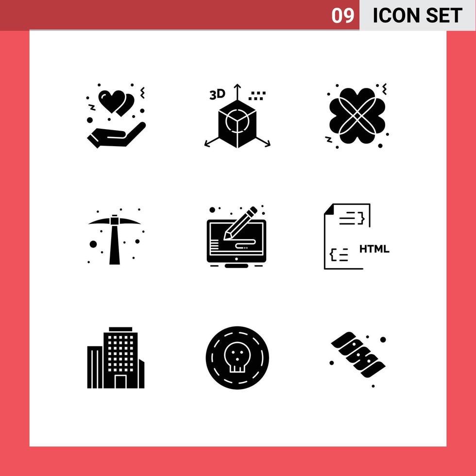 9 universelle solide Glyphen, die für Web- und mobile Anwendungen eingestellt sind, kopieren Job-Programmierung, Hacke, Datum, editierbare Vektordesign-Elemente vektor