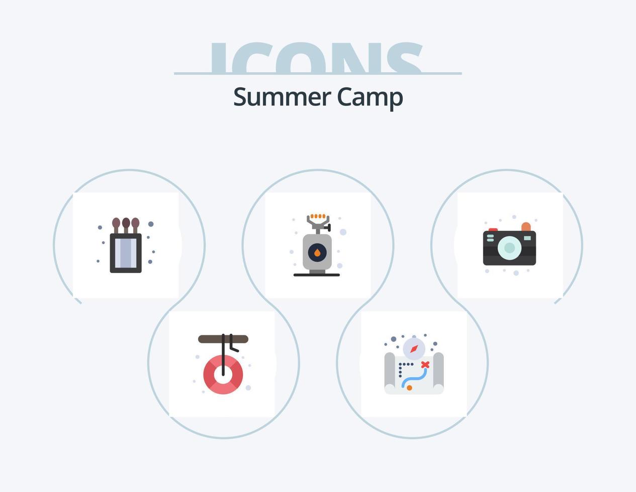 Sommerlager flach Icon Pack 5 Icon Design. Camping. Kamera. Camping. Herd. Koch vektor