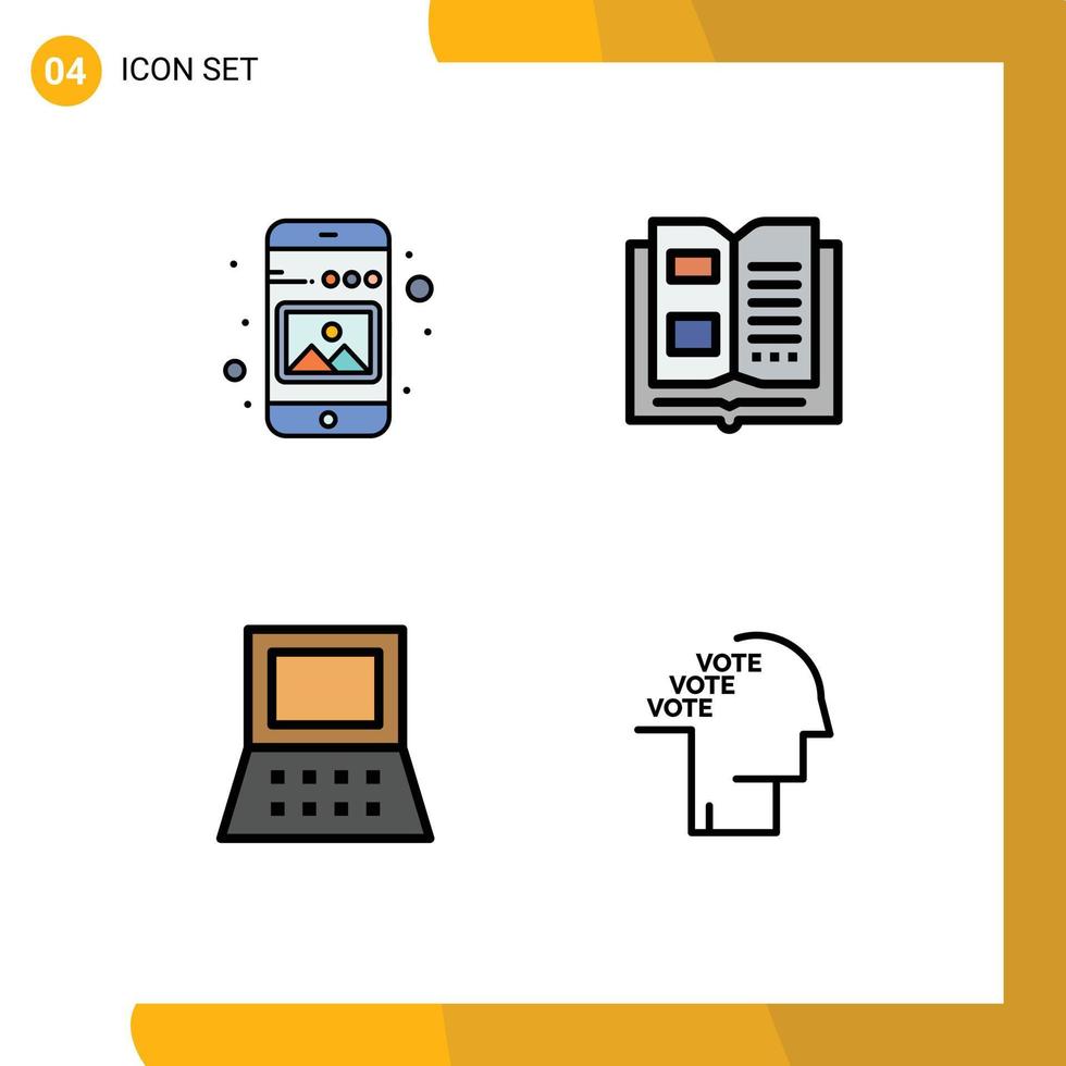 Satz von 4 kommerziellen Filledline-Flachfarbpaketen für Galerie-Laptop-Telefoninformationen, Hardware, editierbare Vektordesign-Elemente vektor