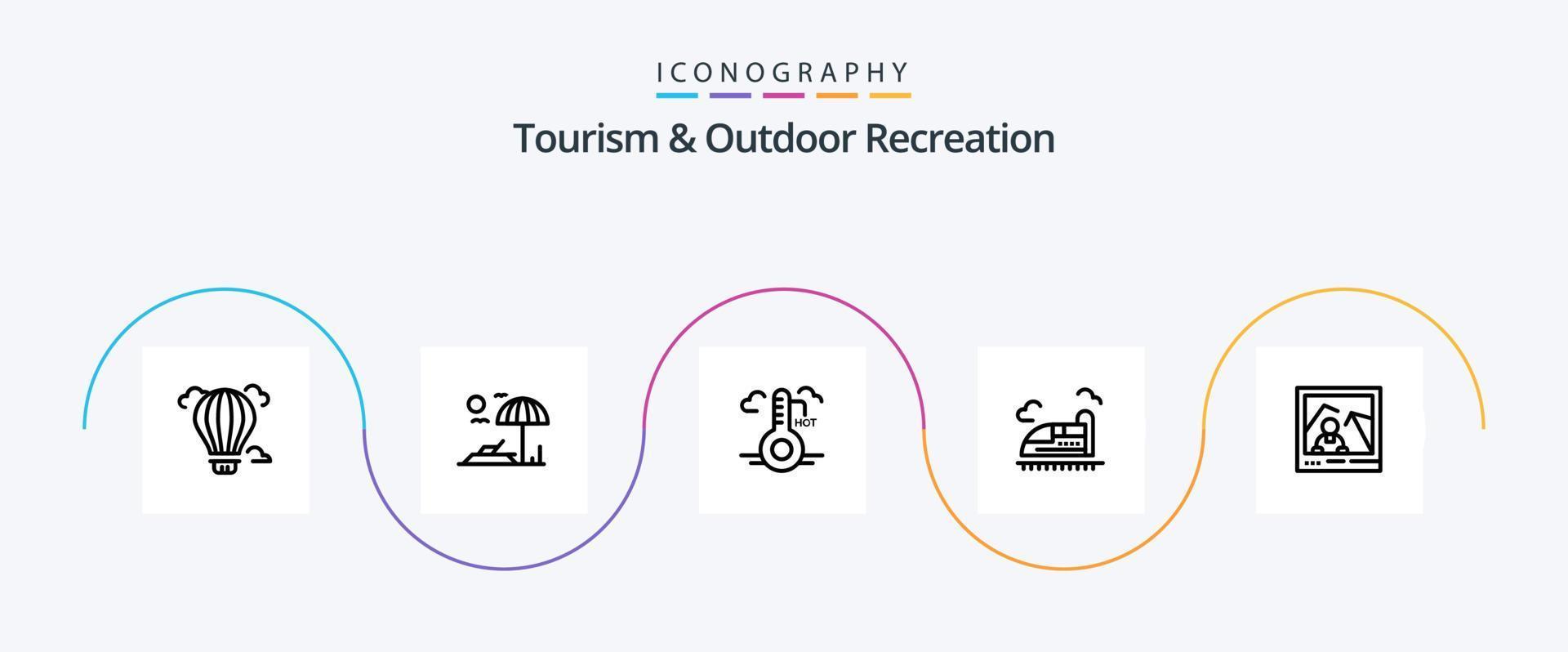 turism och utomhus- rekreation linje 5 ikon packa Inklusive landmärke. bild. varm. fart. tåg vektor