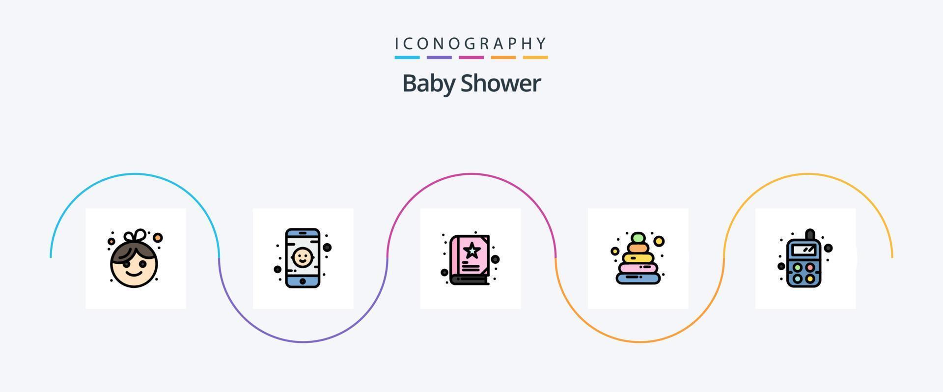 Babyduschenlinie gefülltes flaches 5-Icon-Paket einschließlich. Spielzeug. Buchen. Radio. Spielzeug vektor