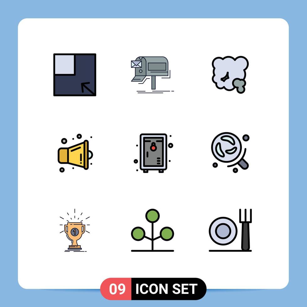 mobil gränssnitt fylld linje platt Färg uppsättning av 9 piktogram av låsa högtalare luft multimedia förorening redigerbar vektor design element