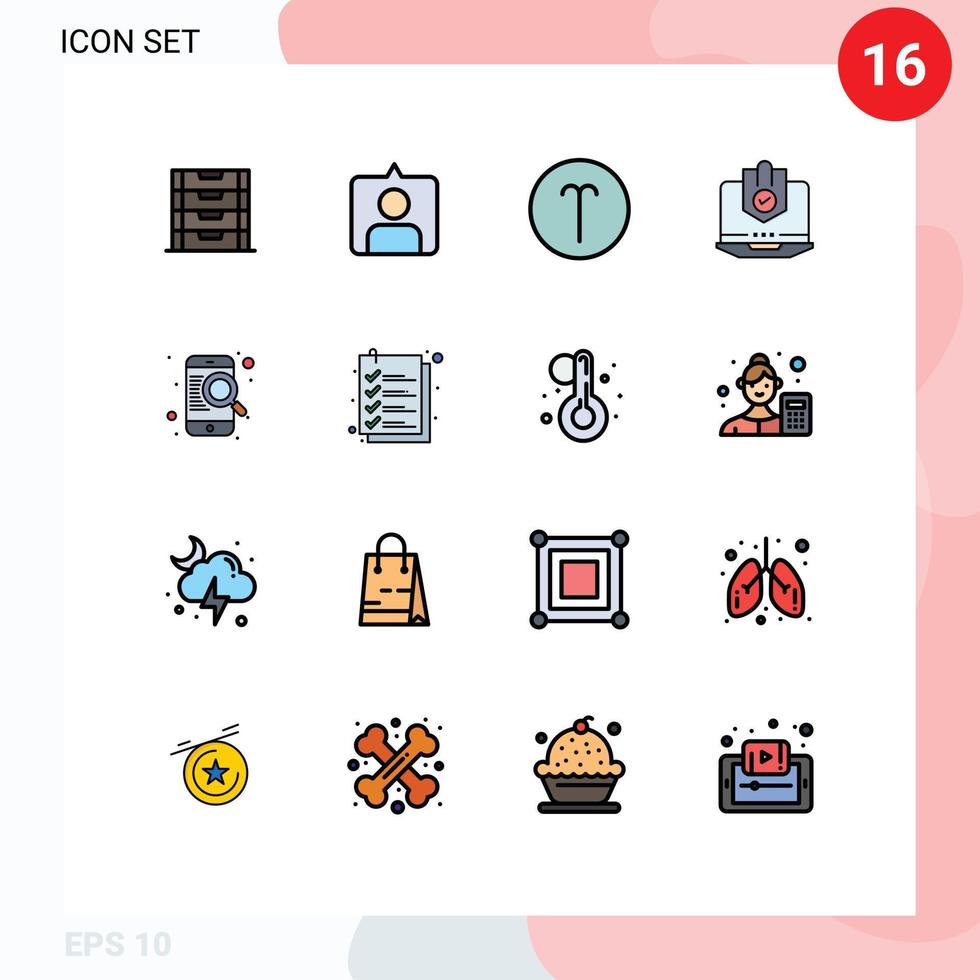 moderner Satz von 16 flachen, farbig gefüllten Linien Piktogramm von sicherheitsgeschützten Zeichen Laptop-Computer editierbare kreative Vektordesign-Elemente vektor