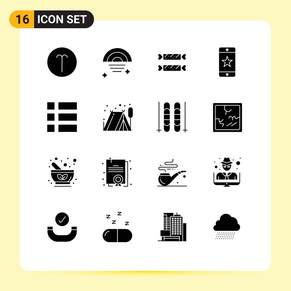 uppsättning av 16 vektor fast glyfer på rutnät för ram smartphone ljuv enhet prestationer redigerbar vektor design element